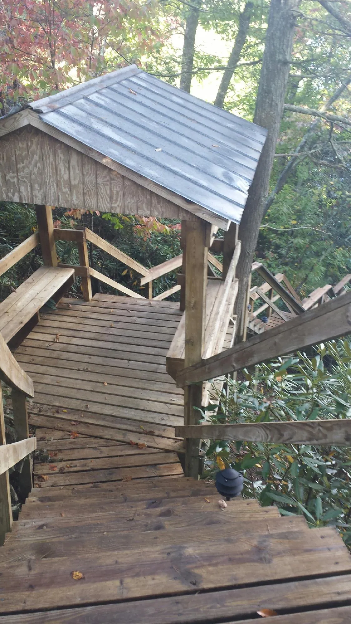 Metal roofed shelter over wooden steps on a wooded walkway — Skylight Repair & Installation work by our crew in Greene